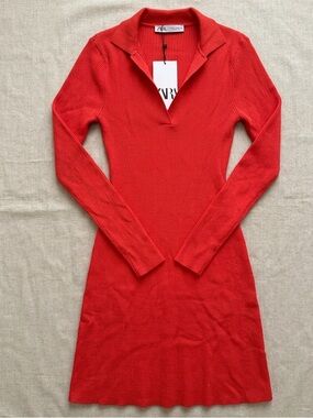 Zara Red Orange Ribbed Knit Mini Dress Polo Collar Bodycon Long Sleeve Medium